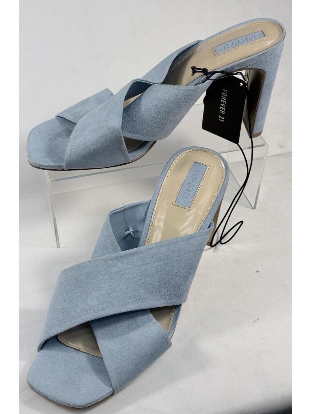 Forever 21 Open-Toe Square-Toe Heeled Mules Light Blue Leather Women's Sz 10
